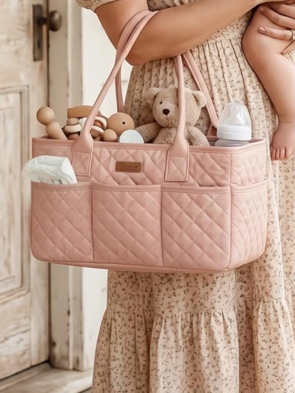 Pink Quilted Diaper Caddy Organizer, Diaper Bag Vegan Leather